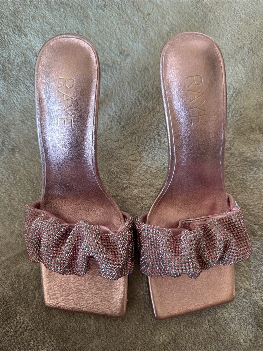 RAYE Rose Metallic Ruffle Crystal Slide Sandals